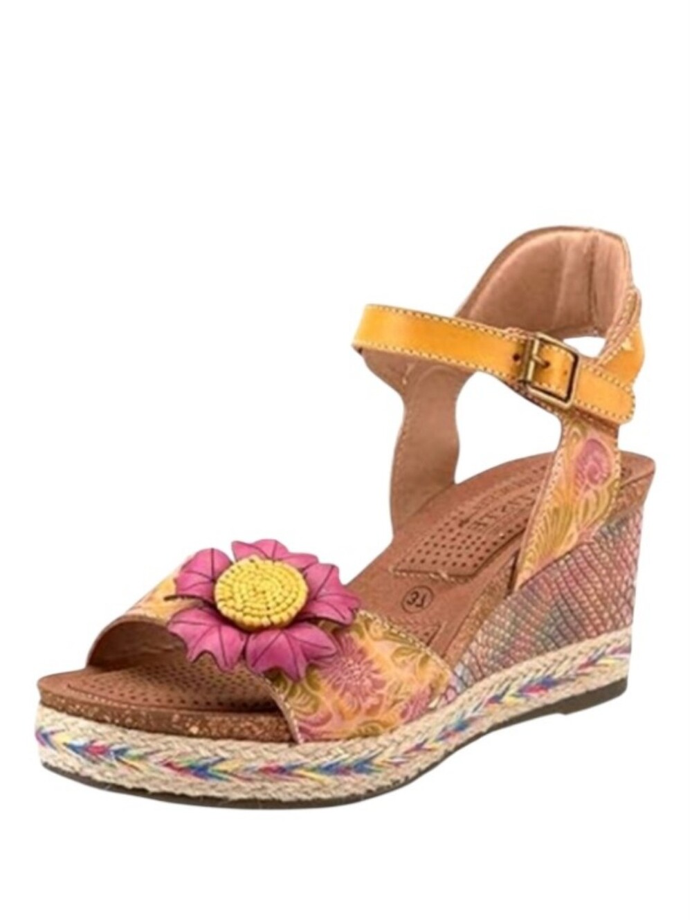 L'artiste Annmarie Hand Painted Leather Sandals Jute Trim Wedge Platforms Size 8